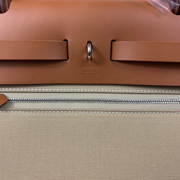 New HERMÈS Herbag Zip 31 bag Trench/Fauve Leather w/Canvas Brown/Khaki - Picture 5 of 8